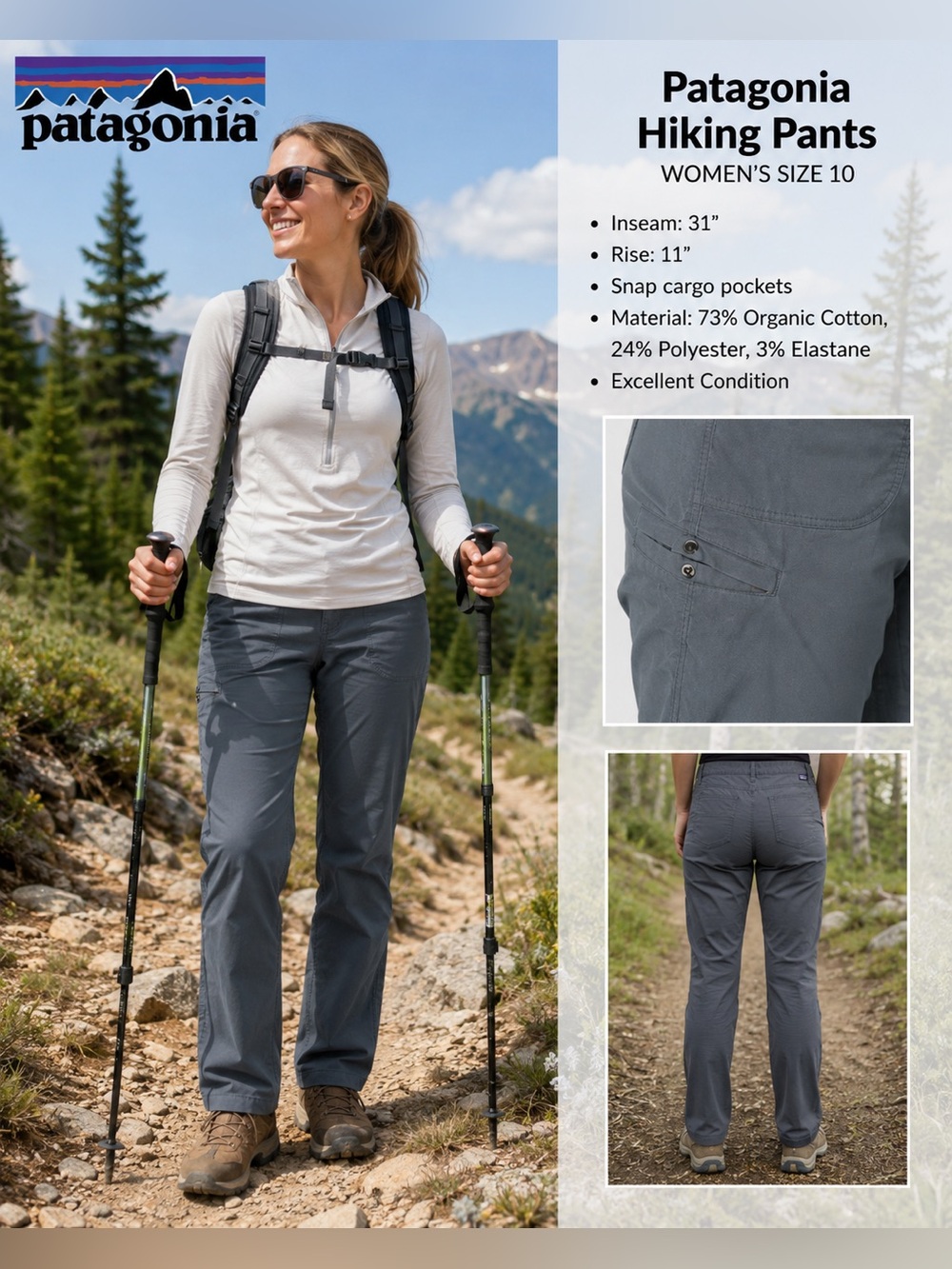 Patagonia Women’s Size 10 Gray Hiking Cargo Pants Organic Cotton Stretch